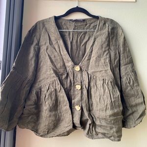Zara peasant, flare sleeve top- green linen peplum